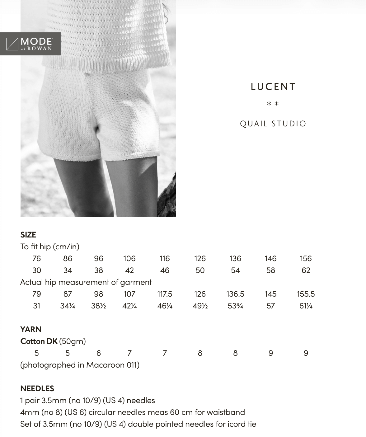 Rowan Mode Cotton DK Lucent Summer Shorts Pattern Pattern By Quail Studio MIP101