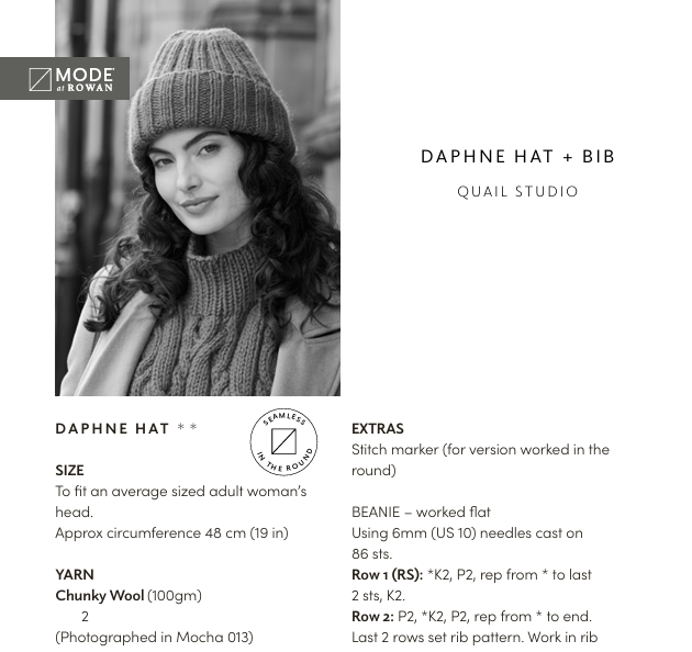 Rowan Mode Chunky Wool Daphne Hat & Bib Pattern by Quail Studio MIP65