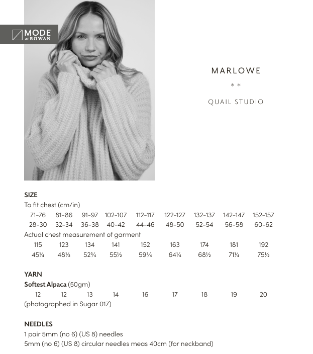 Rowan Mode Softest Alpaca Marlowe Pattern by Quail Studio MIP72