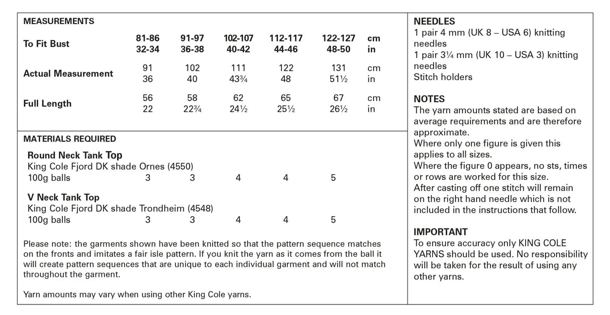 King Cole Fjord DK Tank Top Pattern 5697