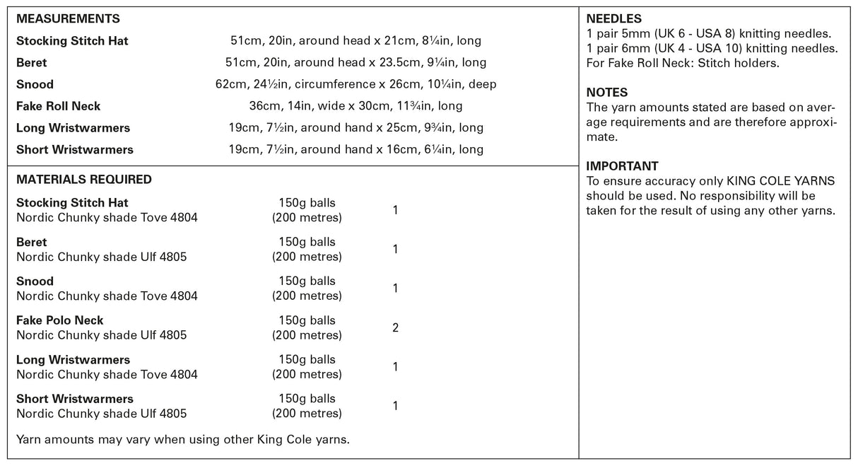King Cole Nordic Chunky Hat, Snood & Wrist Warmers Pattern 5908
