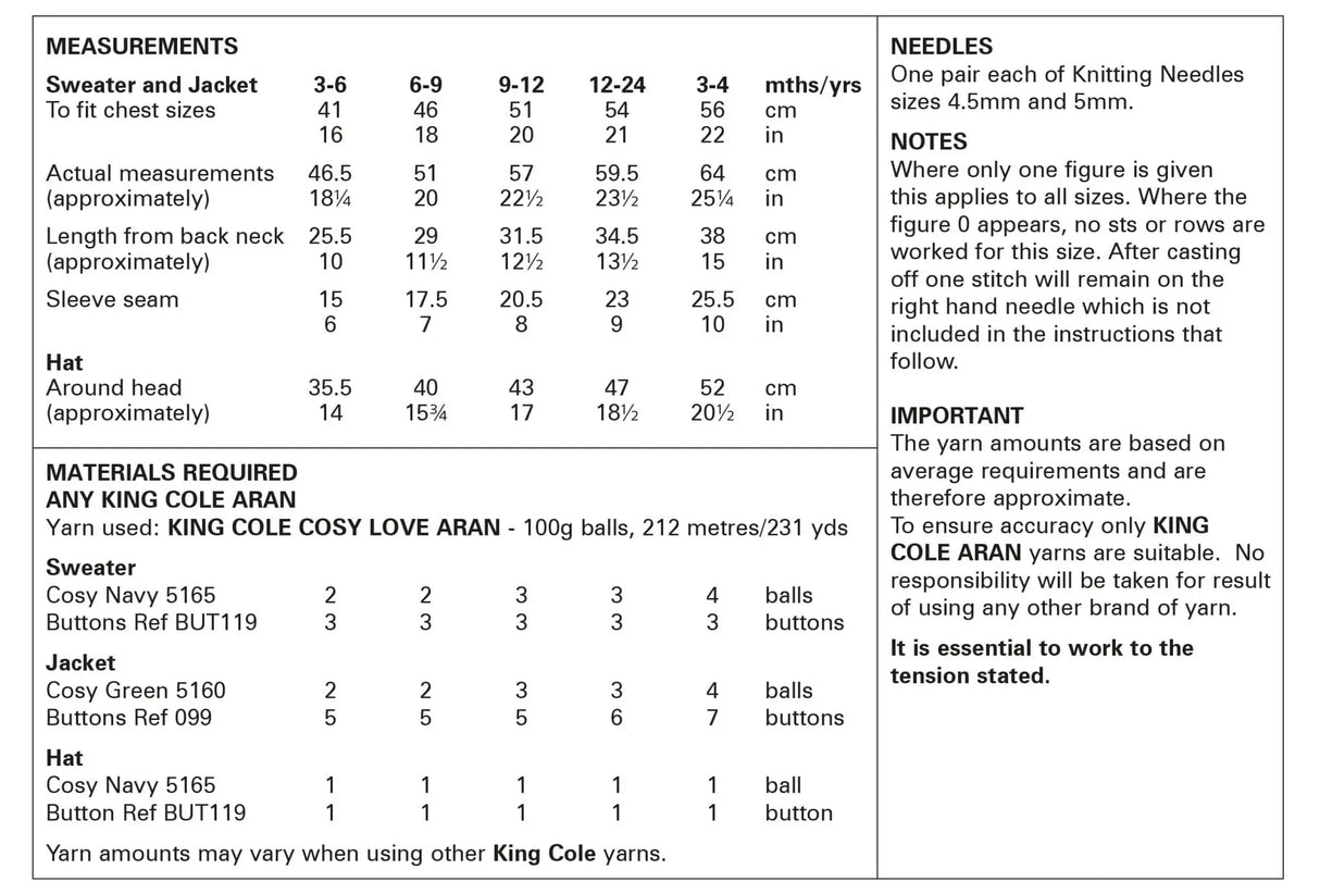 King Cole Cosy Love Aran Sweater, Jacket & Hat Pattern 6050
