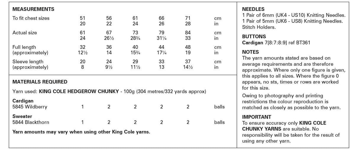 King Cole Hedgerow Chunky Cardigan & Sweater Pattern 6199