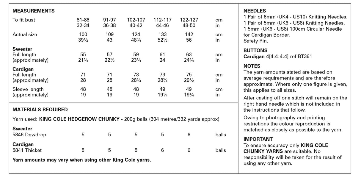 King Cole Hedgerow Chunky Cardigan & Sweater Pattern 6200