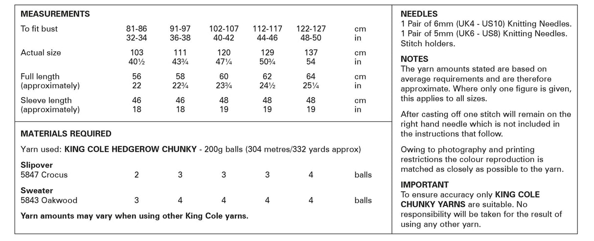 King Cole Hedgerow Chunky Slipover & Sweater Pattern 6203