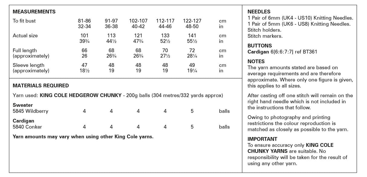 King Cole Hedgerow Chunky Sweater & Cardigan Pattern 6205