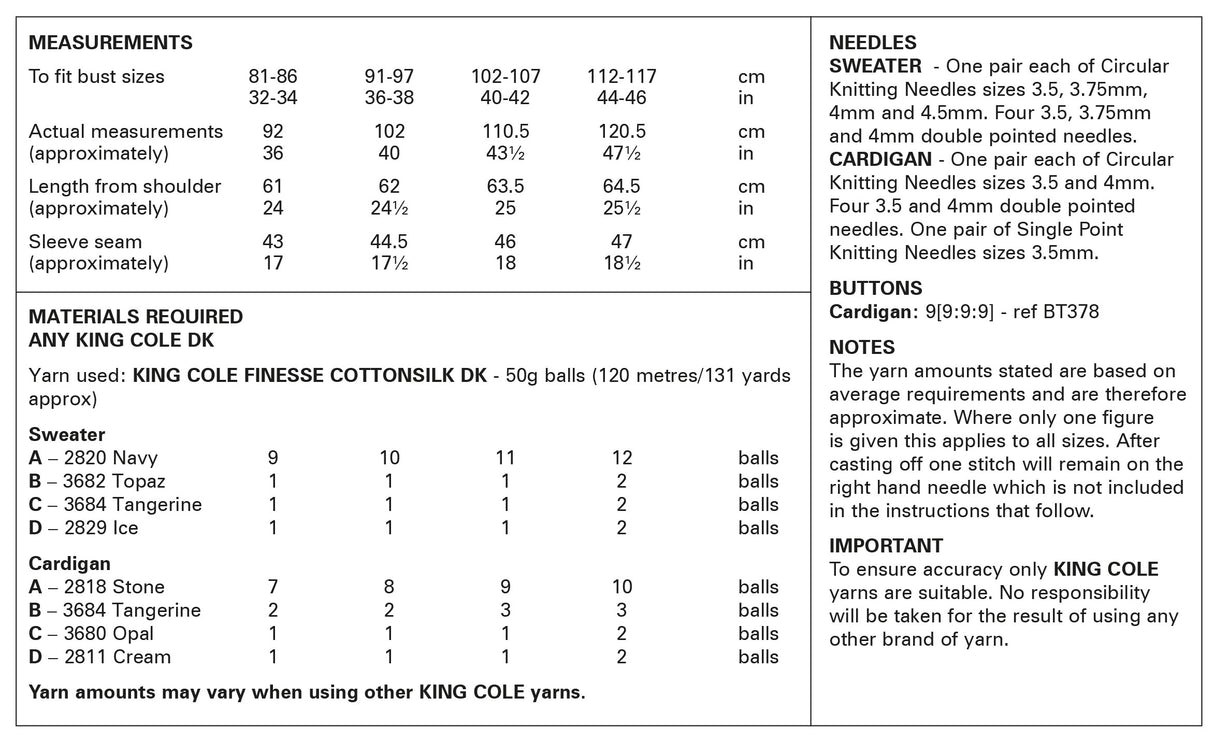 King Cole Finesse Cotton Silk DK Sweater and Cardigan Pattern 6473