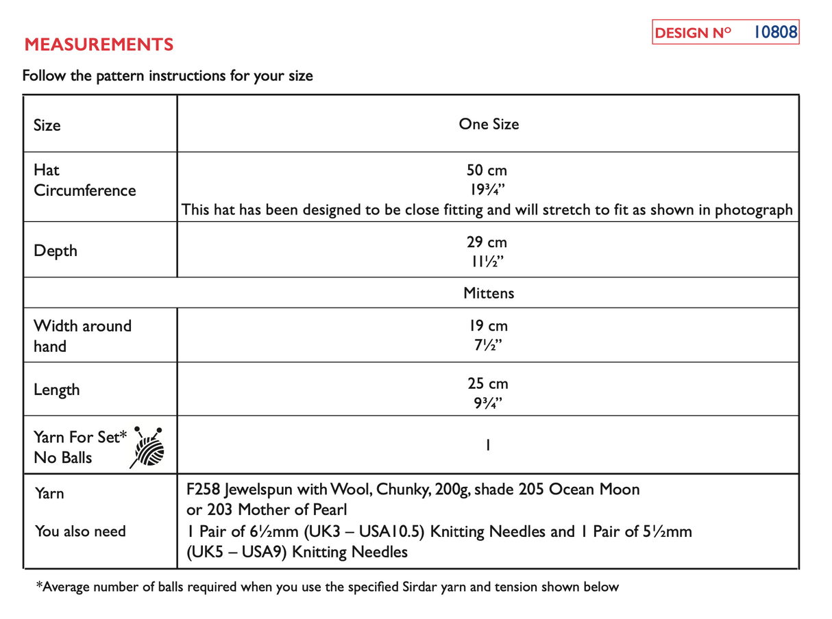 Sirdar Jewelspun Chunky Hat & Mittens Pattern 10808
