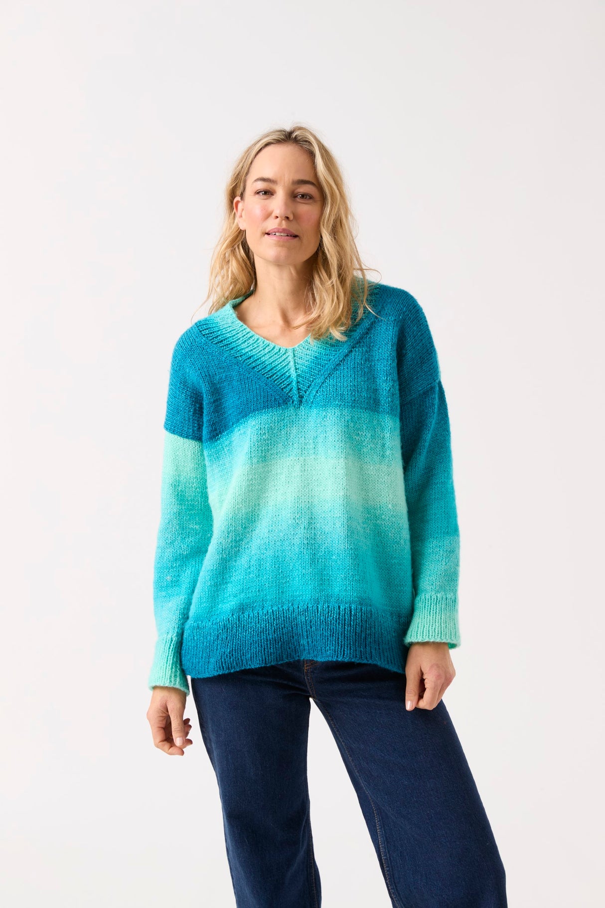 Sirdar Jewelspun Ombre Aran Truly Madly Deep V Neck Sweater Pattern 10845