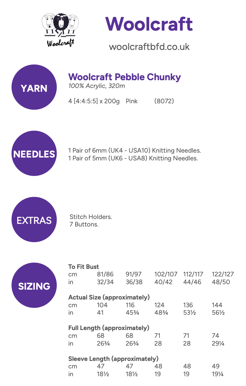 Woolcraft Pebble Chunky Cardigan Pattern WC3000