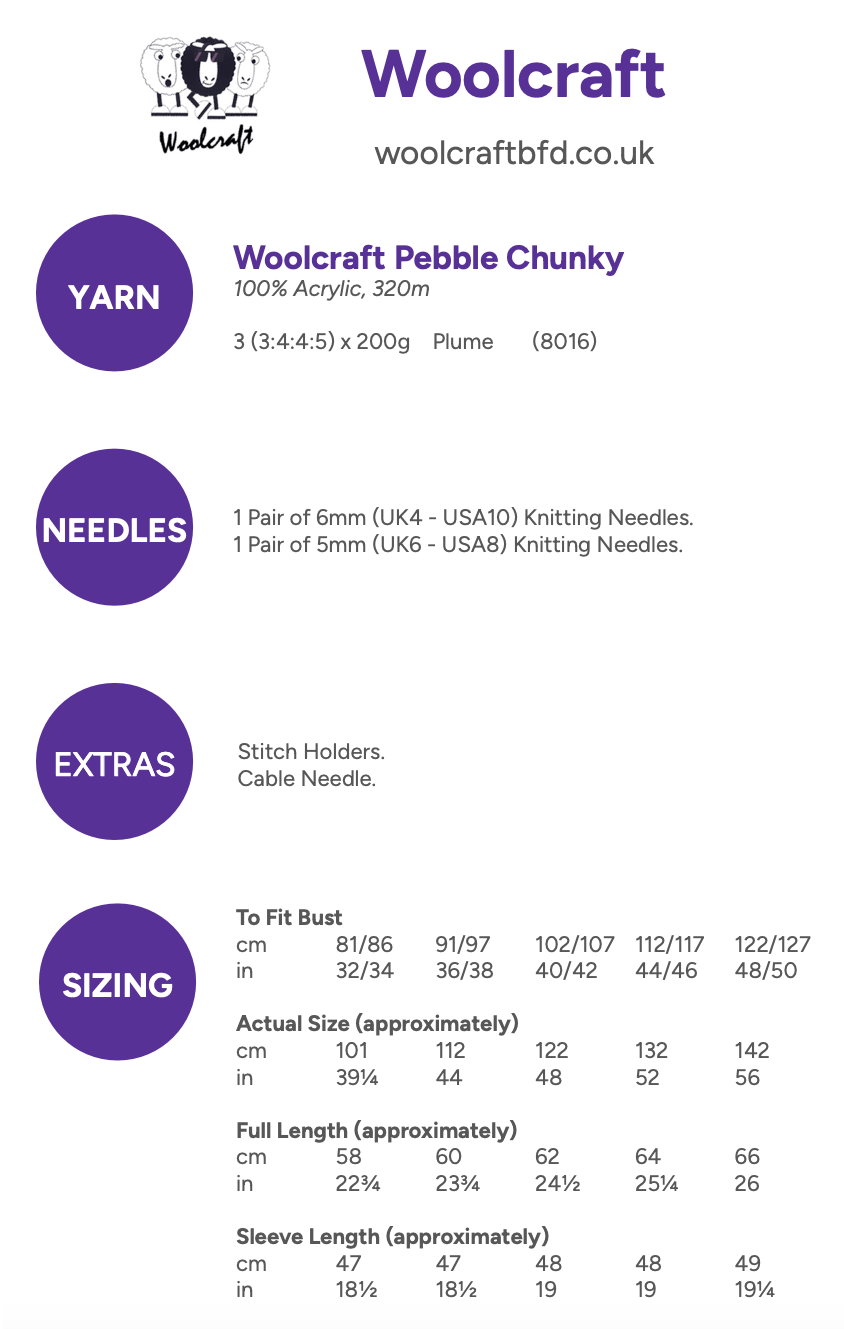 Woolcraft Pebble Chunky Cable Sweater Pattern WC3001