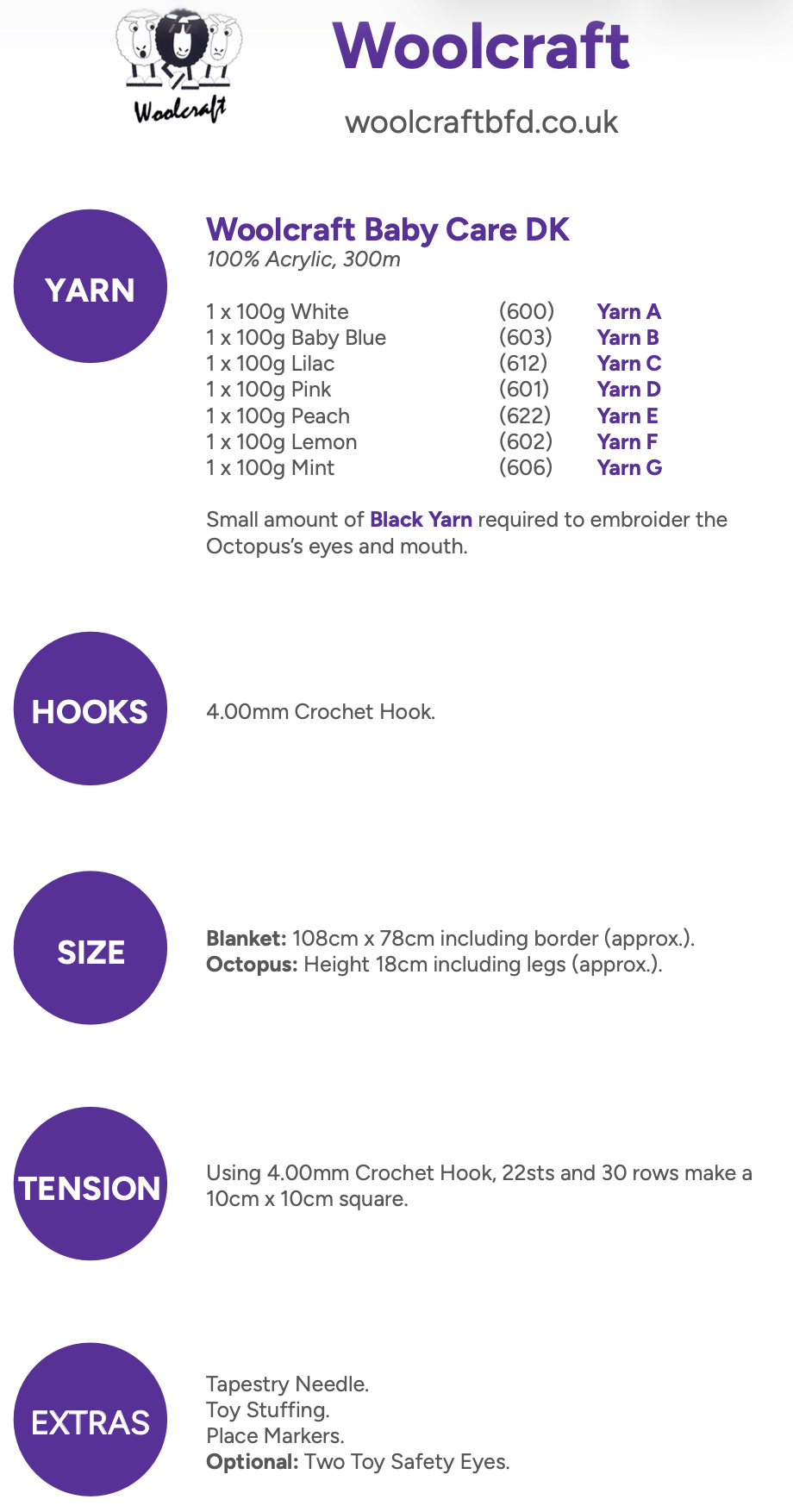 Woolcraft Babycare DK Crochet Rainbow Blanket & Octopus Pattern WC3005