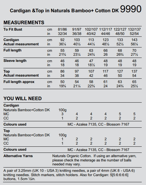 Stylecraft Naturals Bamboo Cotton DK Cardigan & Top Pattern 9990