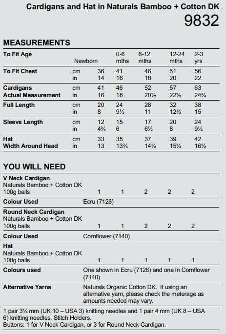 Stylecraft Naturals Bamboo Cotton DK Cardigan Pattern 9832