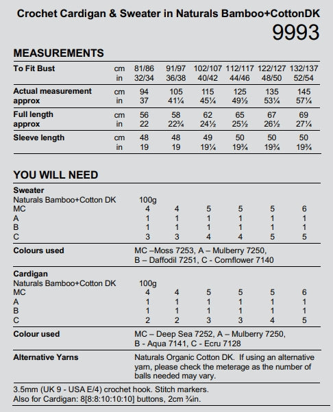 Stylecraft Naturals Bamboo Cotton DK Crochet Cardigan & Top Pattern 9993
