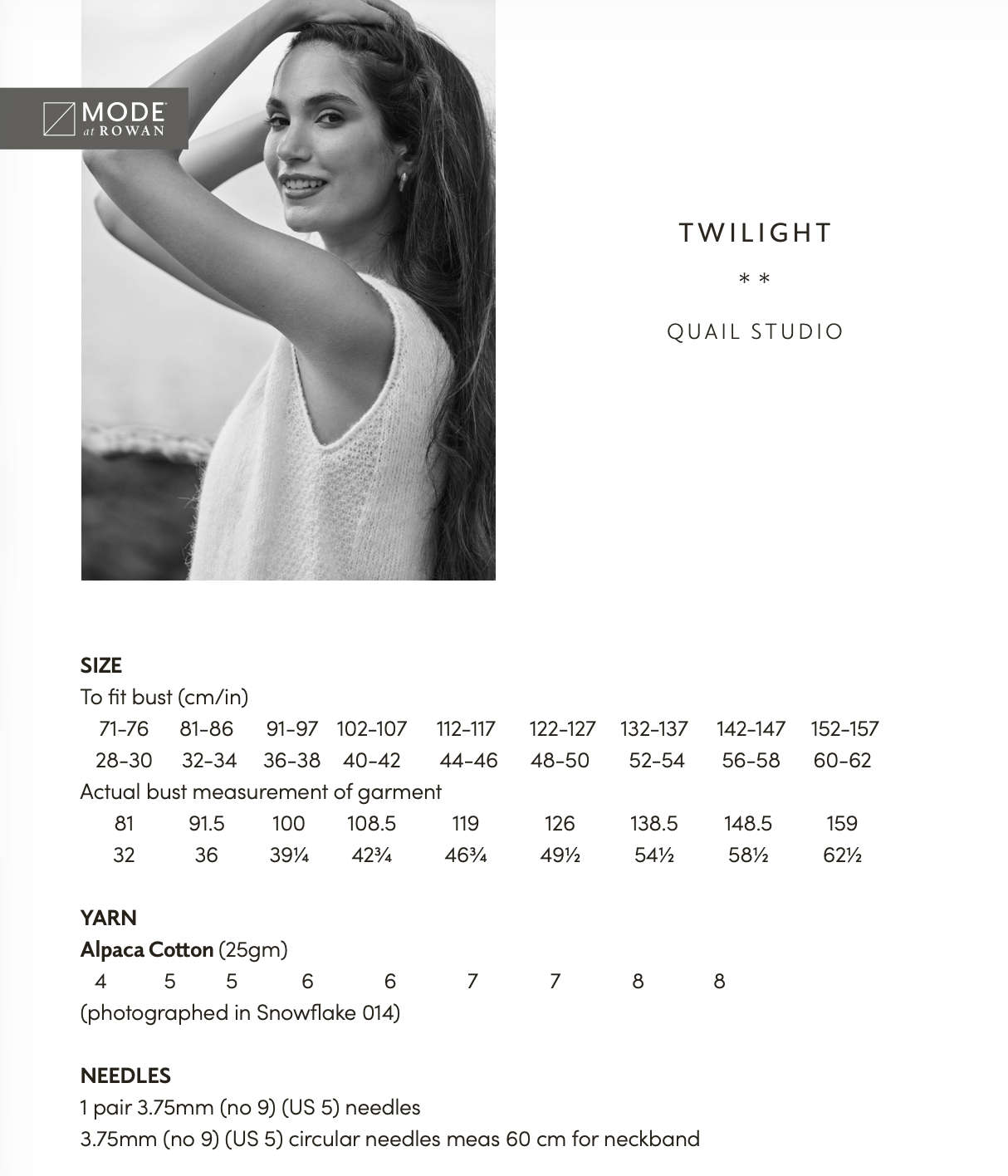 Rowan Mode Alpaca Cotton DK Twilight Tank Top Pattern By Quail Studio MIP113