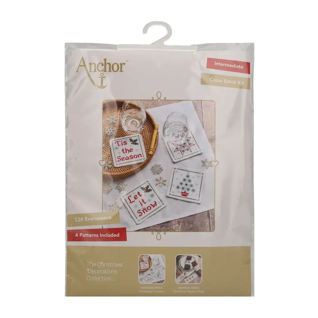 Anchor Counted Cross Stitch Kit - Set of 4 Christmas Drinks Coasters