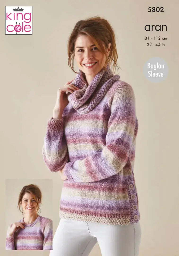 King Cole Acorn Aran Cardigan, Sweater & Cowl Pattern 5802