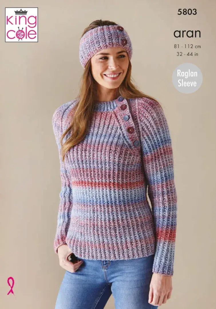 King Cole Acorn Aran Cardigan, Sweater & Headband Pattern 5803