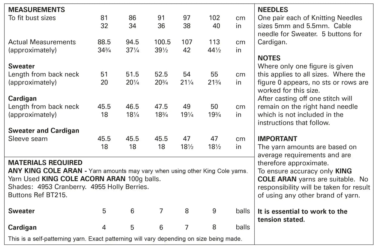 King Cole Acorn Aran Sweater & Cardigan Pattern 5806