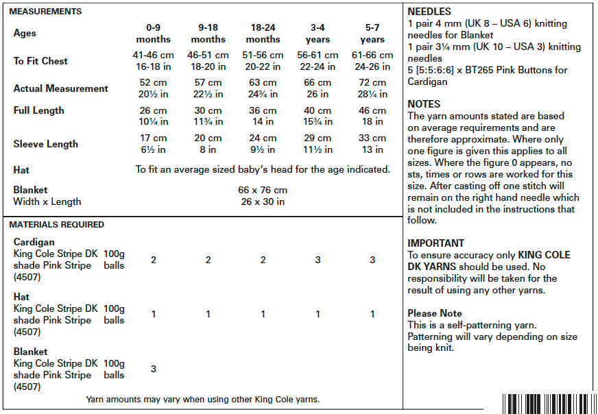 King Cole Stripe DK Hat, Blanket & Cardigan Pattern 5592