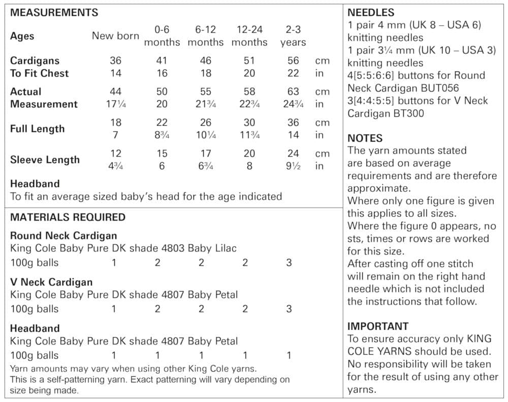 King Cole Baby Pure DK Cardigan & Headband Pattern 5773