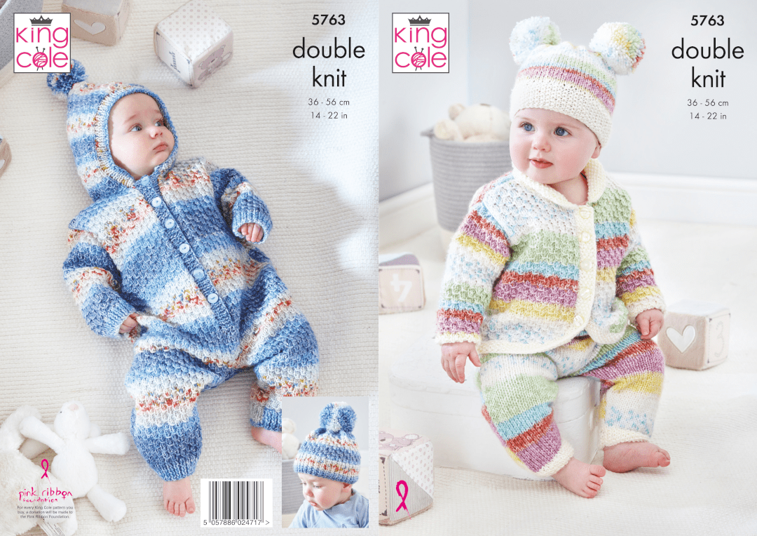 King Cole Babies Onesie, Cardigan, Trousers & Hat Knitting Pattern 5763 - Double Knit King Cole Babies Onesie, Cardigan, Trousers & Hat Knitting Pattern 5763 - Double Knit