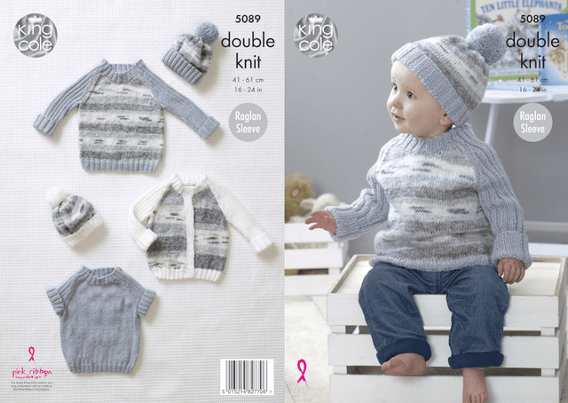 King Cole Big Value Baby DK Cardigan, Sweater, Mitts & Hat Pattern 5089