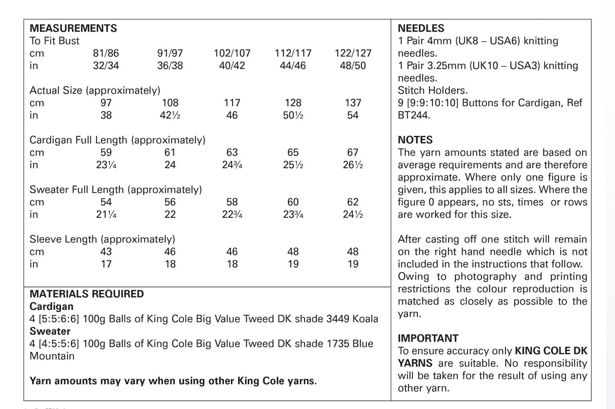 King Cole Big Value Tweed DK Cardigan & Jumper Pattern 5708