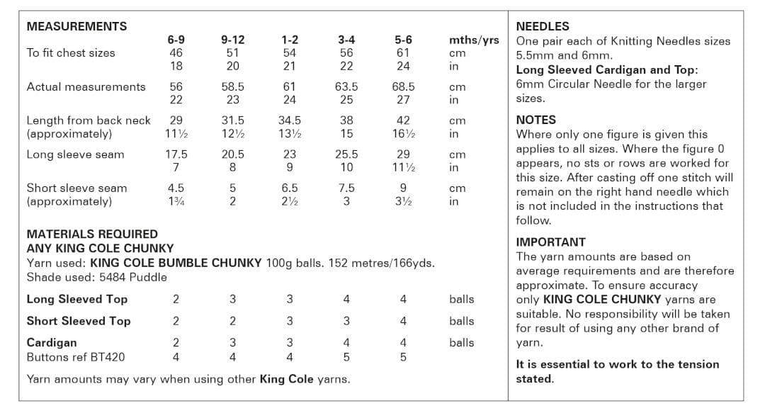 King Cole Bumble Chunky Tops & Cardigan Pattern 6088