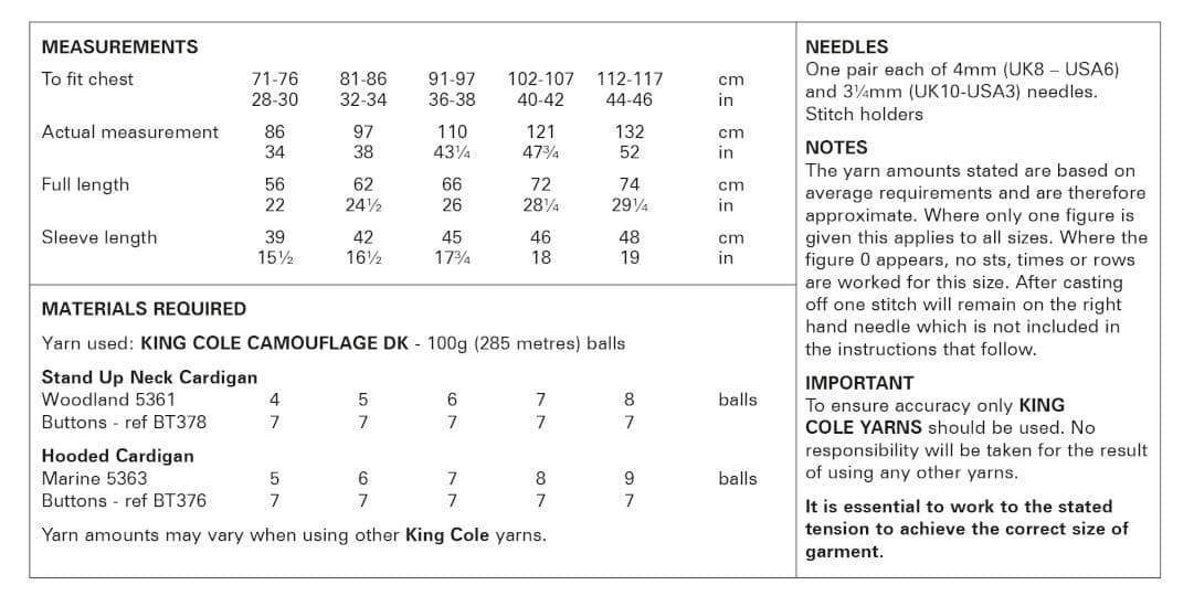 King Cole Camouflage DK Cardigans Pattern 6080