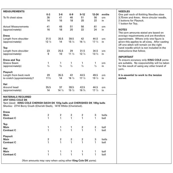 King Cole Cherish Dash DK Baby Set Pattern 4901