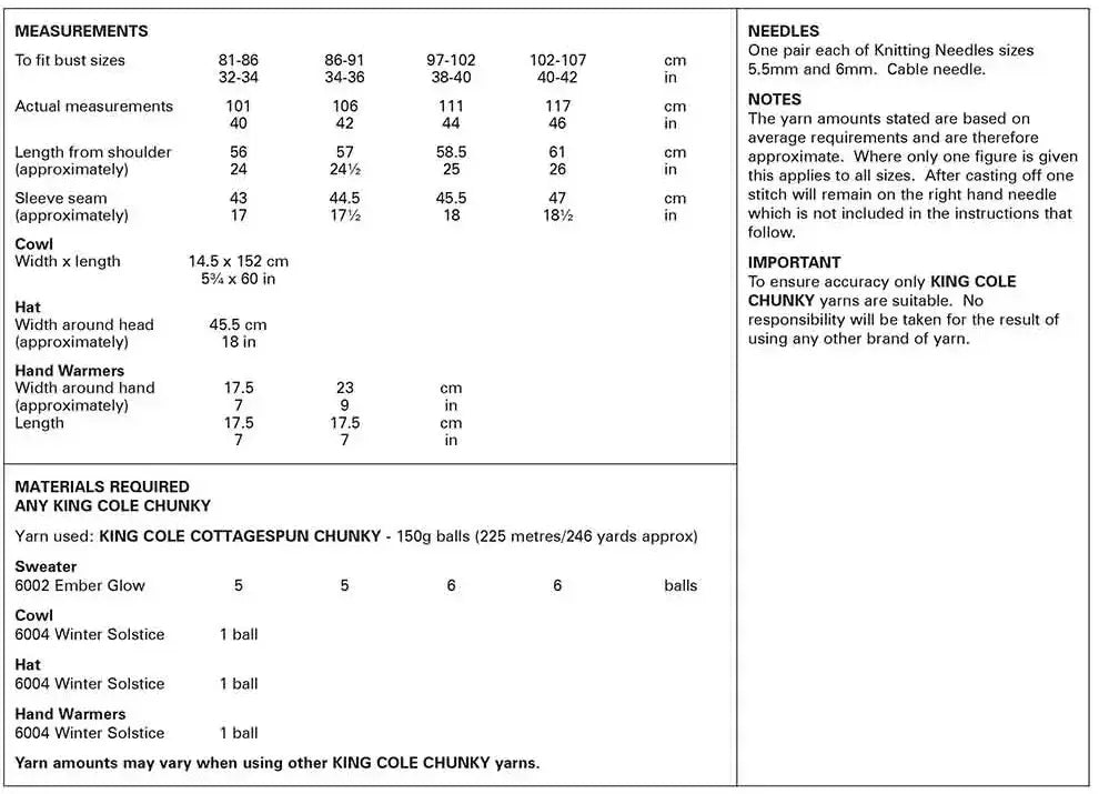 King Cole Cottagespun Chunky Sweater and Accessories Pattern 6249