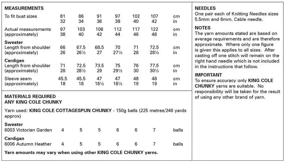 King Cole Cottagespun Chunky Sweater and Cardigan Pattern 6246