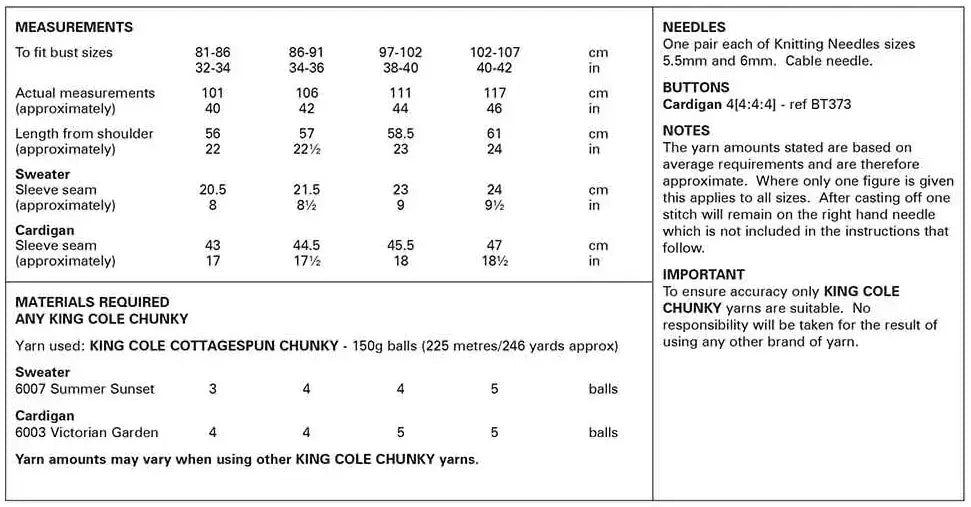 King Cole Cottagespun Chunky Sweater and Cardigan Pattern 6247