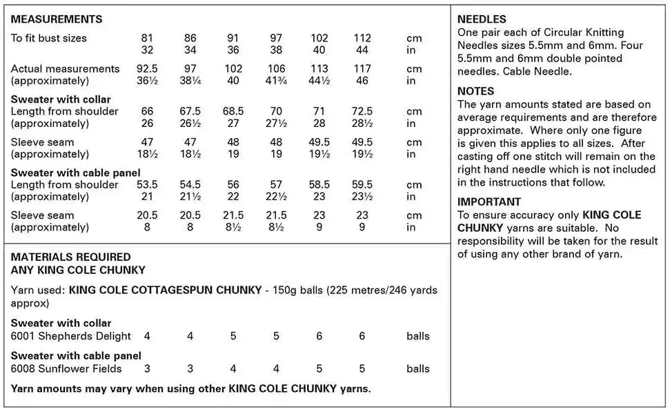 King Cole Cottagespun Chunky Sweaters Knit in the Round Pattern 6248