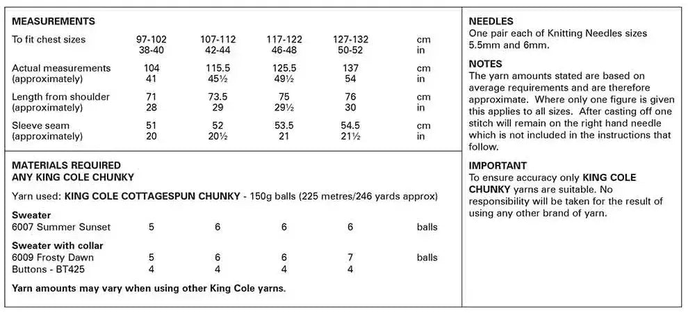 King Cole Cottagespun Chunky Sweaters Pattern 6242