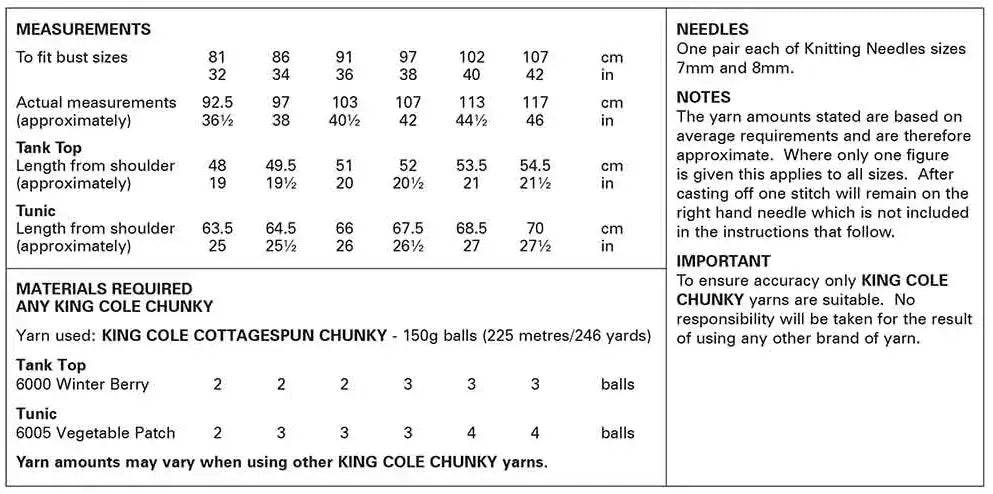King Cole Cottagespun Chunky Tank Top and Tunic Pattern 6245