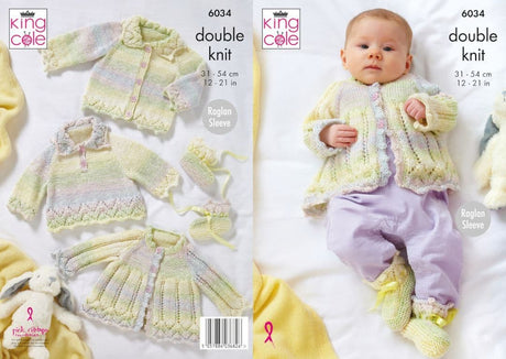 King Cole Cutie Pie DK  Cardigan, Overtop, Matinee Jacket & Booties Pattern 6034