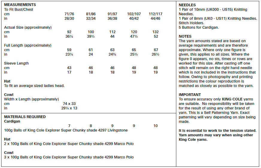King Cole Explorer Super Chunky Hat, Cowl & Cardigan Pattern 5457