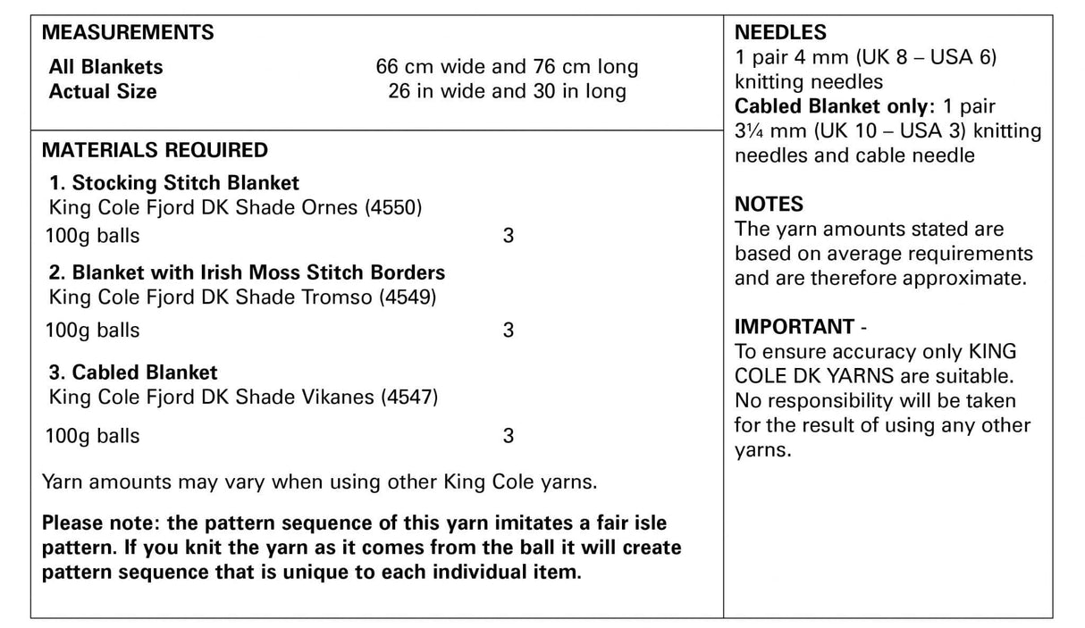 King Cole Fjord DK Blanket Pattern 5695