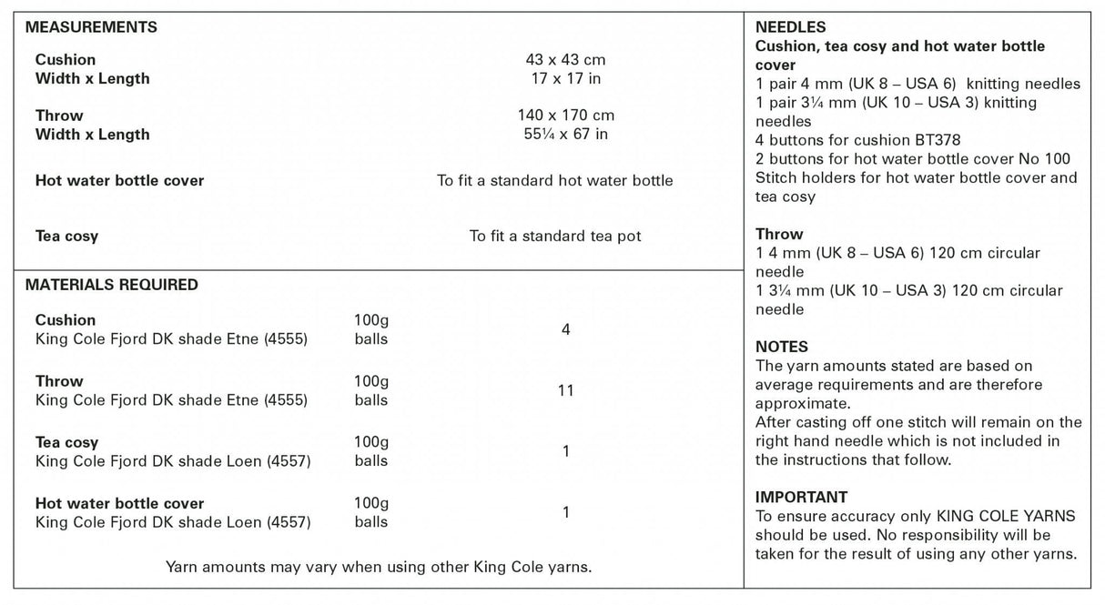 King Cole Fjord DK Cushion & Throw Pattern 5655