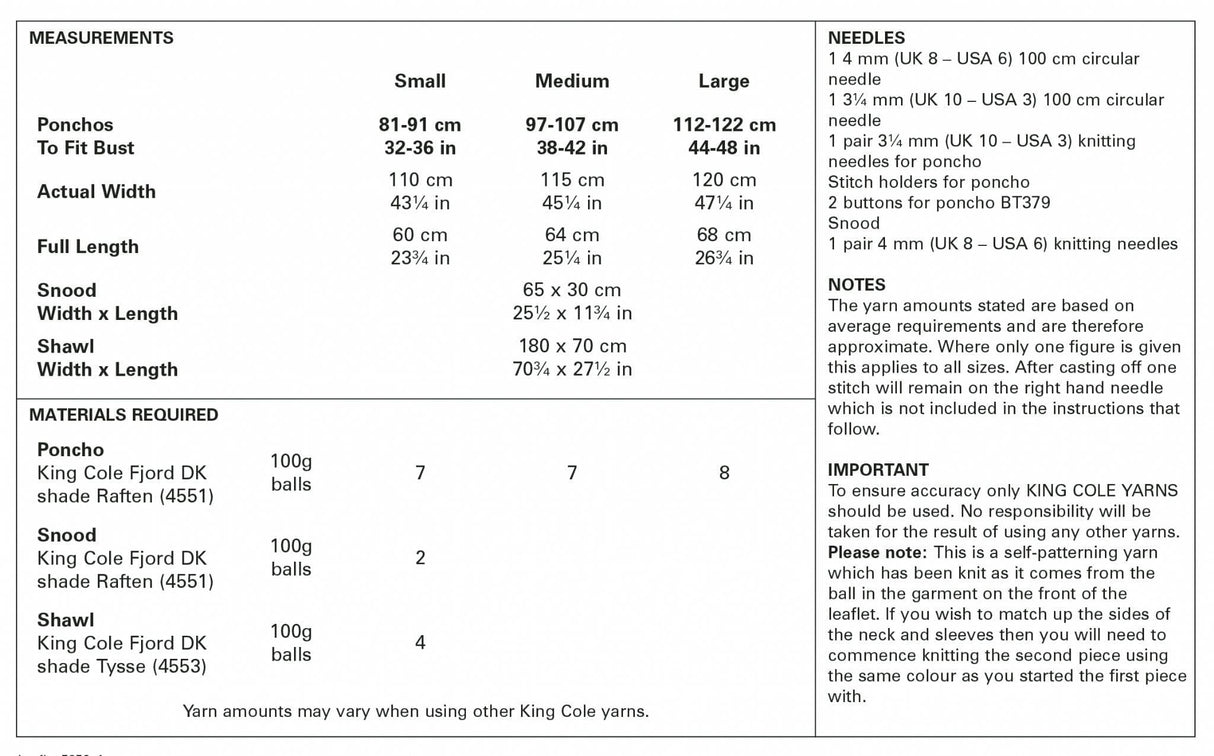 King Cole Fjord DK Poncho, Shawl & Snood Pattern 5652