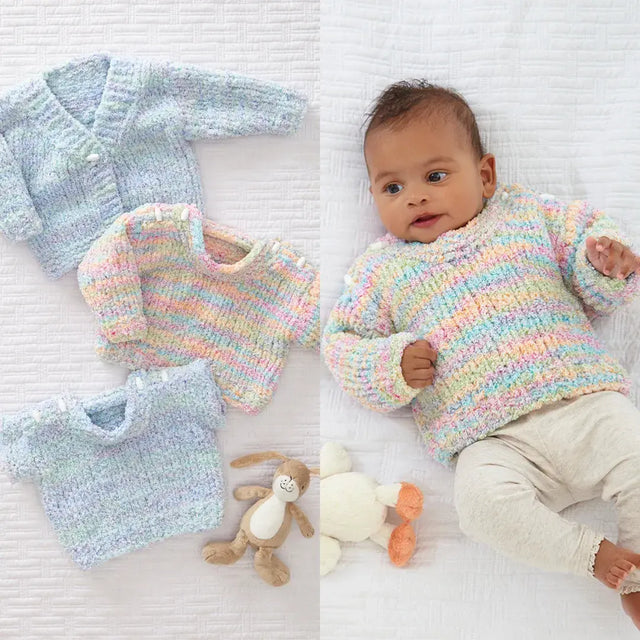 King Cole Fruitilicious Chunky Babies Sweater, Slipover & Cardigan Pattern 6237