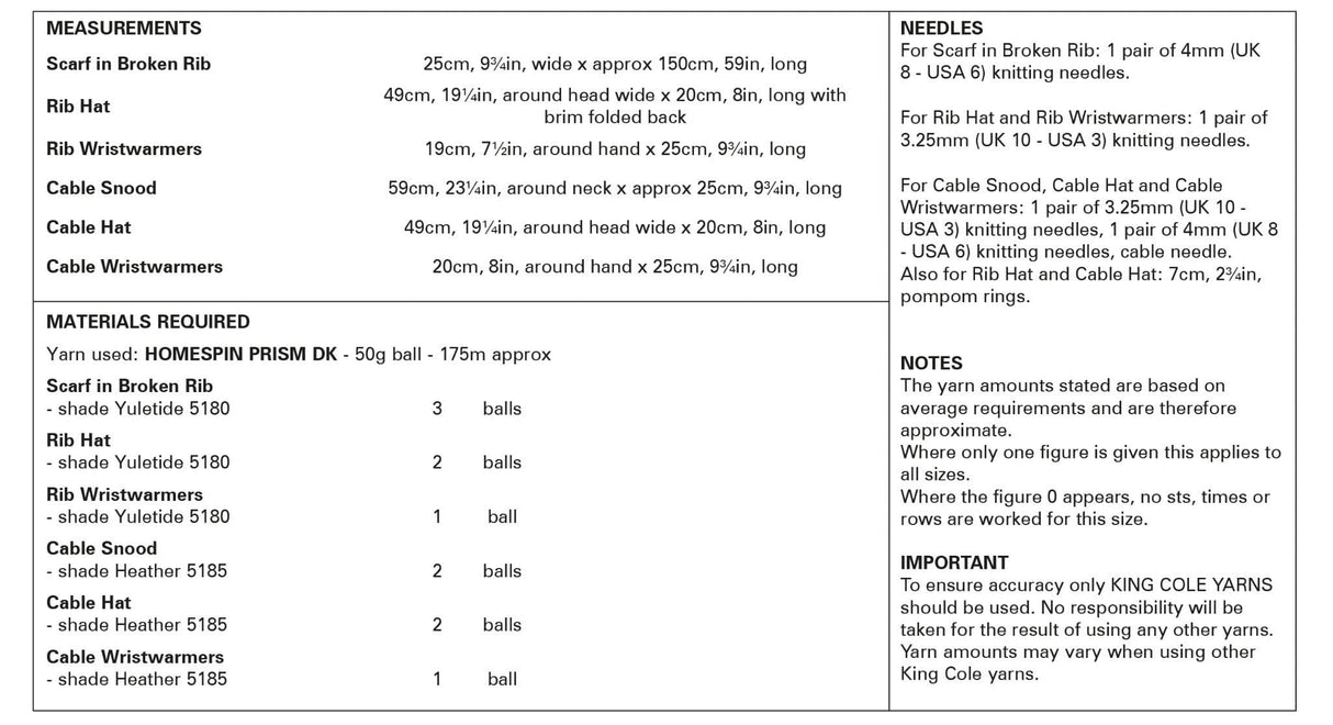 King Cole Homespun Prism DK Accessories Pattern 5999