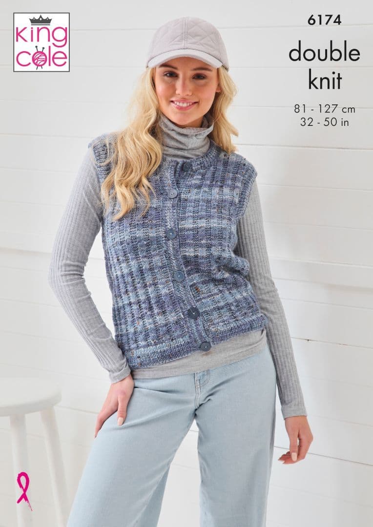 King Cole Homespun Prism DK Round & V-Neck Waistcoat Pattern 6174