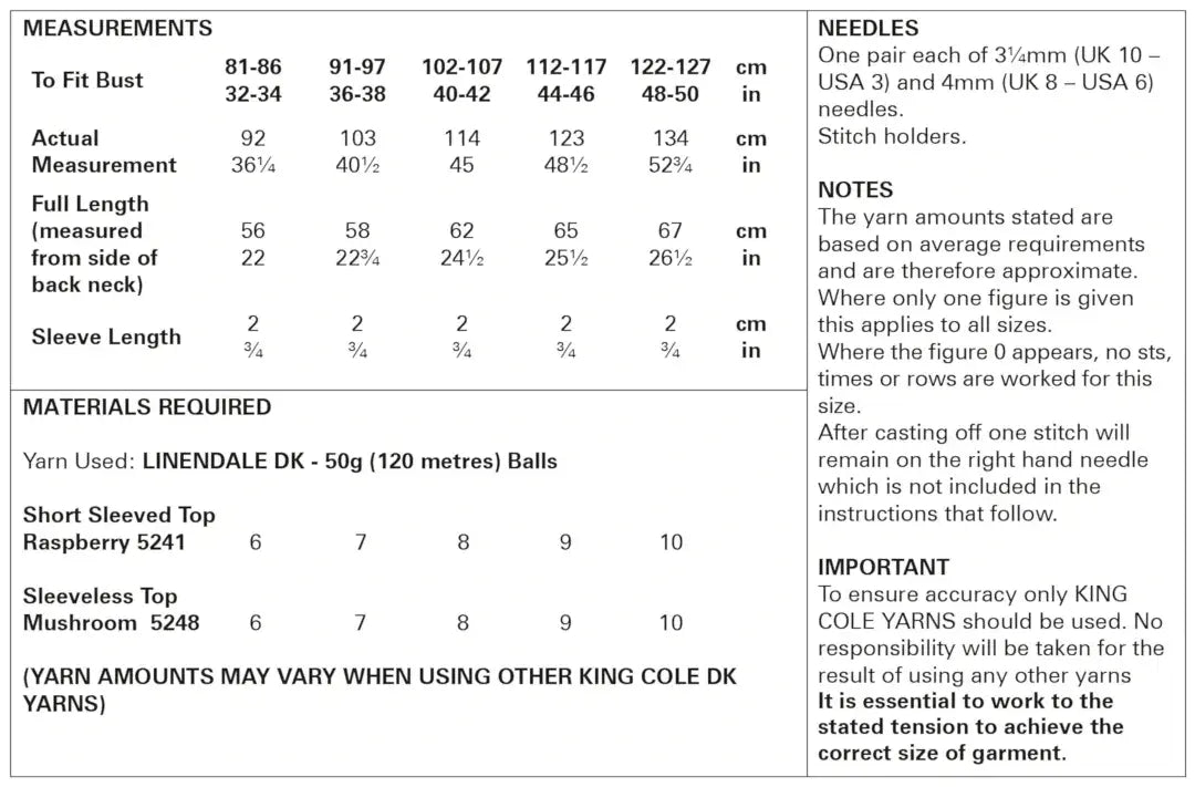 King Cole Linendale DK Short & Sleeveless Top Pattern 5986
