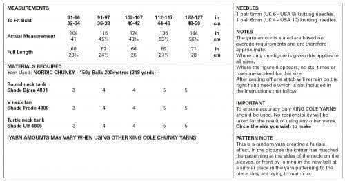 King Cole Nordic Chunky Tank Top Pattern 5905