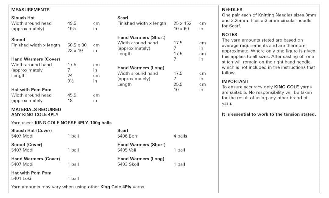 King Cole Norse 4-Ply Accessories Pattern 6042