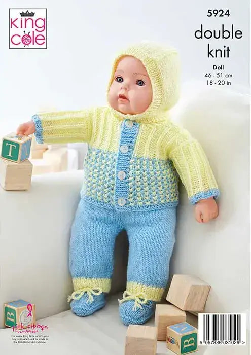 King Cole Pricewise DK Dolls Clothes: Top, Pants, Hat, Bootees, Jacket & Helmet Pattern 5924